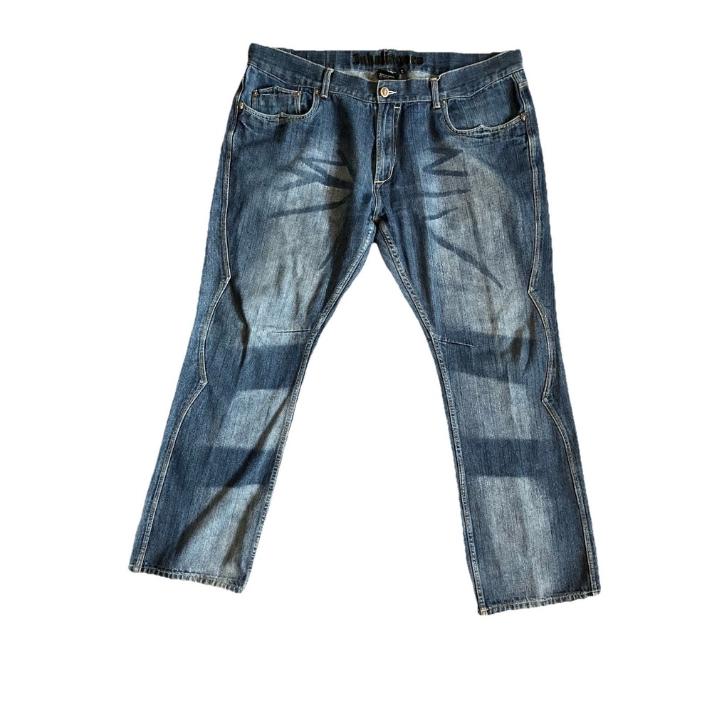Y2K Mens Inkslinger Grunge Denim Baggy Skater Jeans Embroidered Details Sz 44x33 - Picture 6 of 12